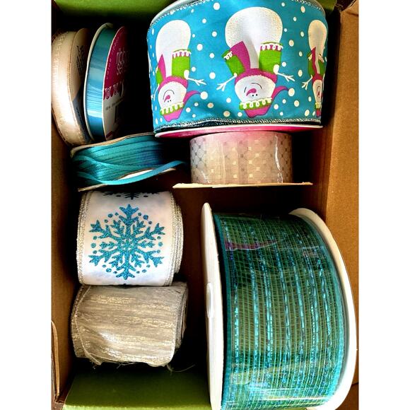 Lot of 8 Blue & Silver Decorative Holiday Ribbons Snowman Glitter Foil Wired VTG - Picture 2 of 12